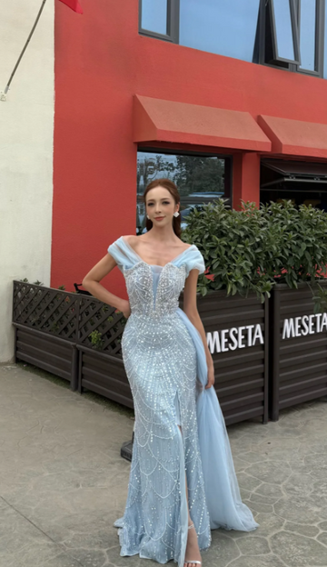 Niulatu Off-the-shoulder Sheath Sky Blue Evening Dresses Tulle Beaded Sky Blue Wedding Guest Dresses HZ1026